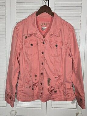 LAL Coral Peach Denim Button Up Utility Sketch Style Heart Splatter Jacket Sz 1X